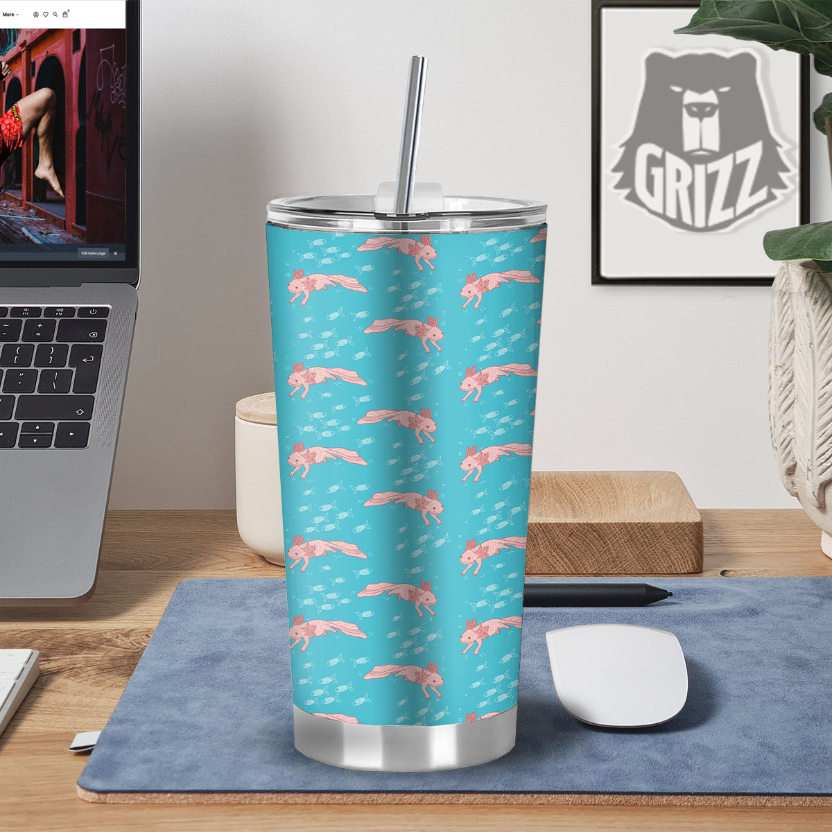Pink Axolotl Teal Print Pattern Tumbler-grizzshop