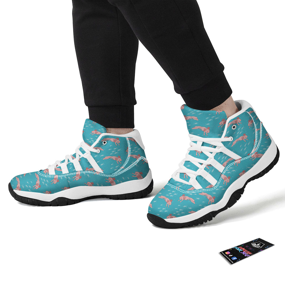 Pink Axolotl Teal Print Pattern White Bball Shoes-grizzshop