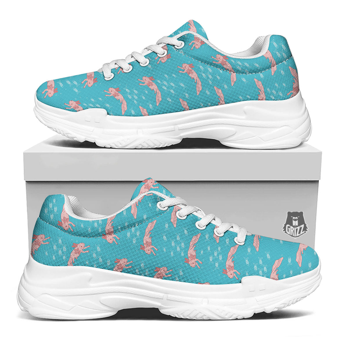 Pink Axolotl Teal Print Pattern White Chunky Shoes-grizzshop