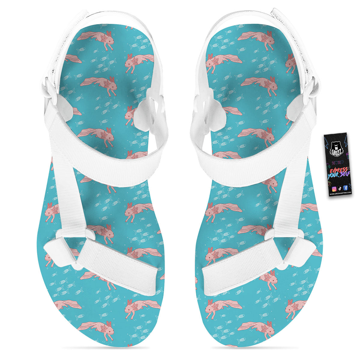 Pink Axolotl Teal Print Pattern White Open Toe Sandals-grizzshop