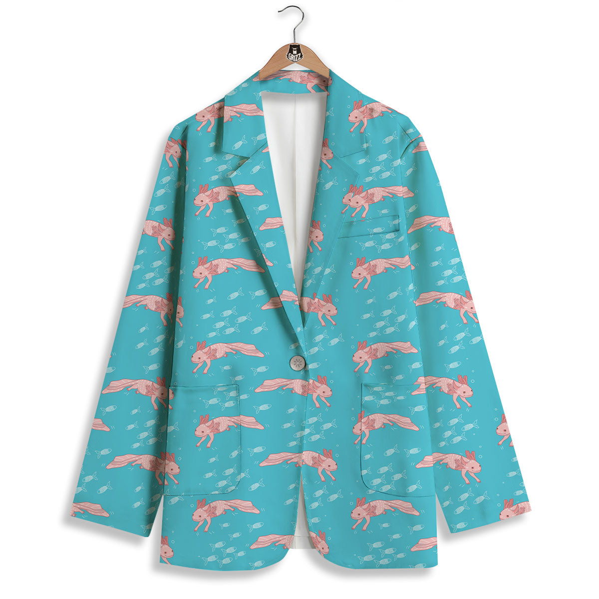 Pink Axolotl Teal Print Pattern Women's Blazer-grizzshop