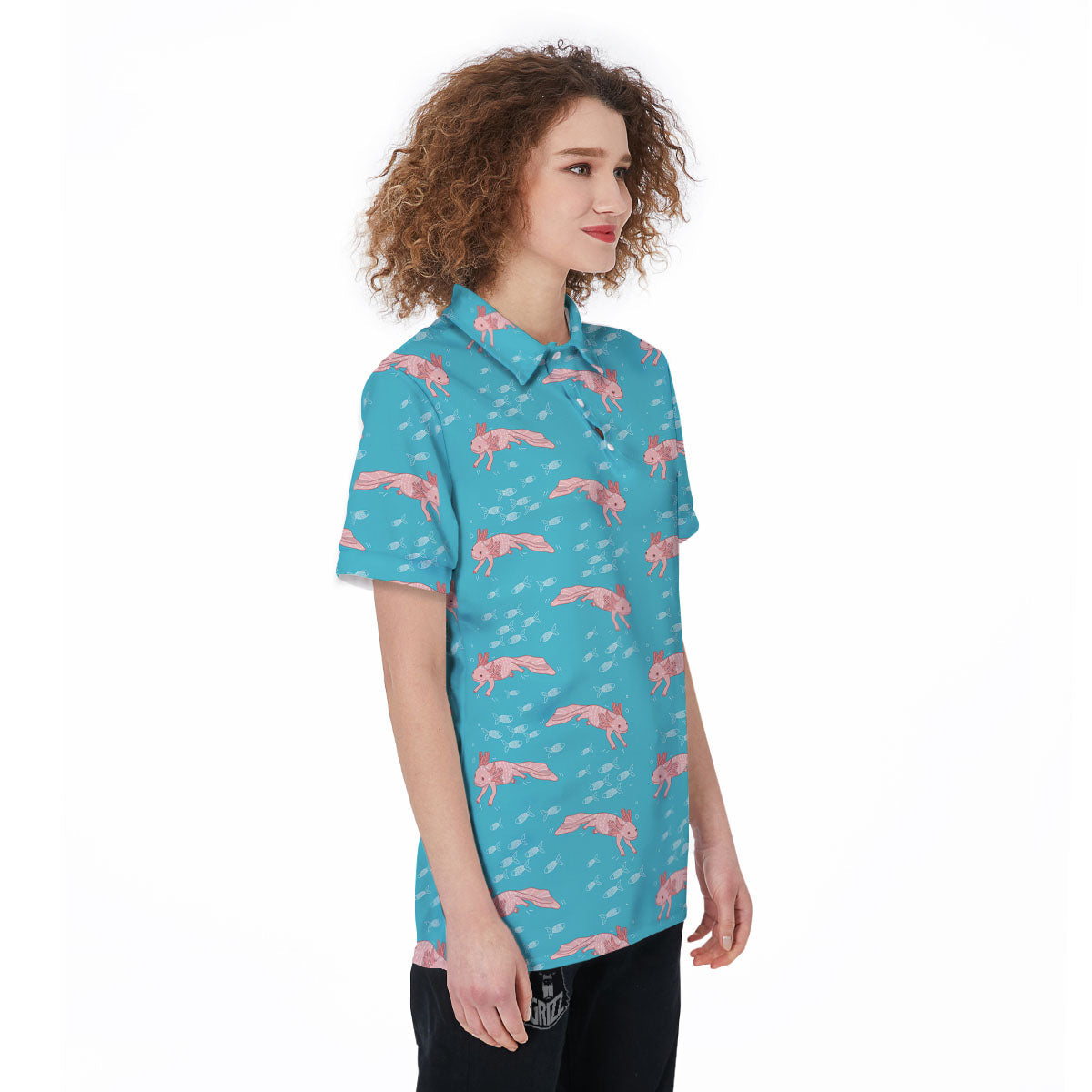 Pink Axolotl Teal Print Pattern Women's Golf Shirts-grizzshop