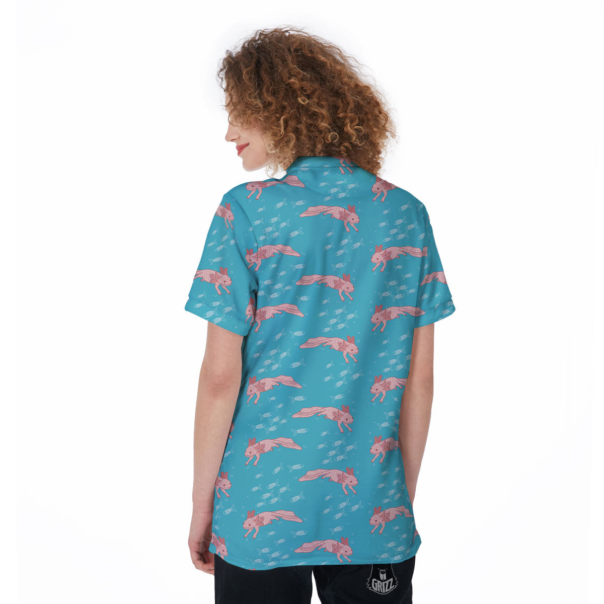 Pink Axolotl Teal Print Pattern Women's Golf Shirts-grizzshop