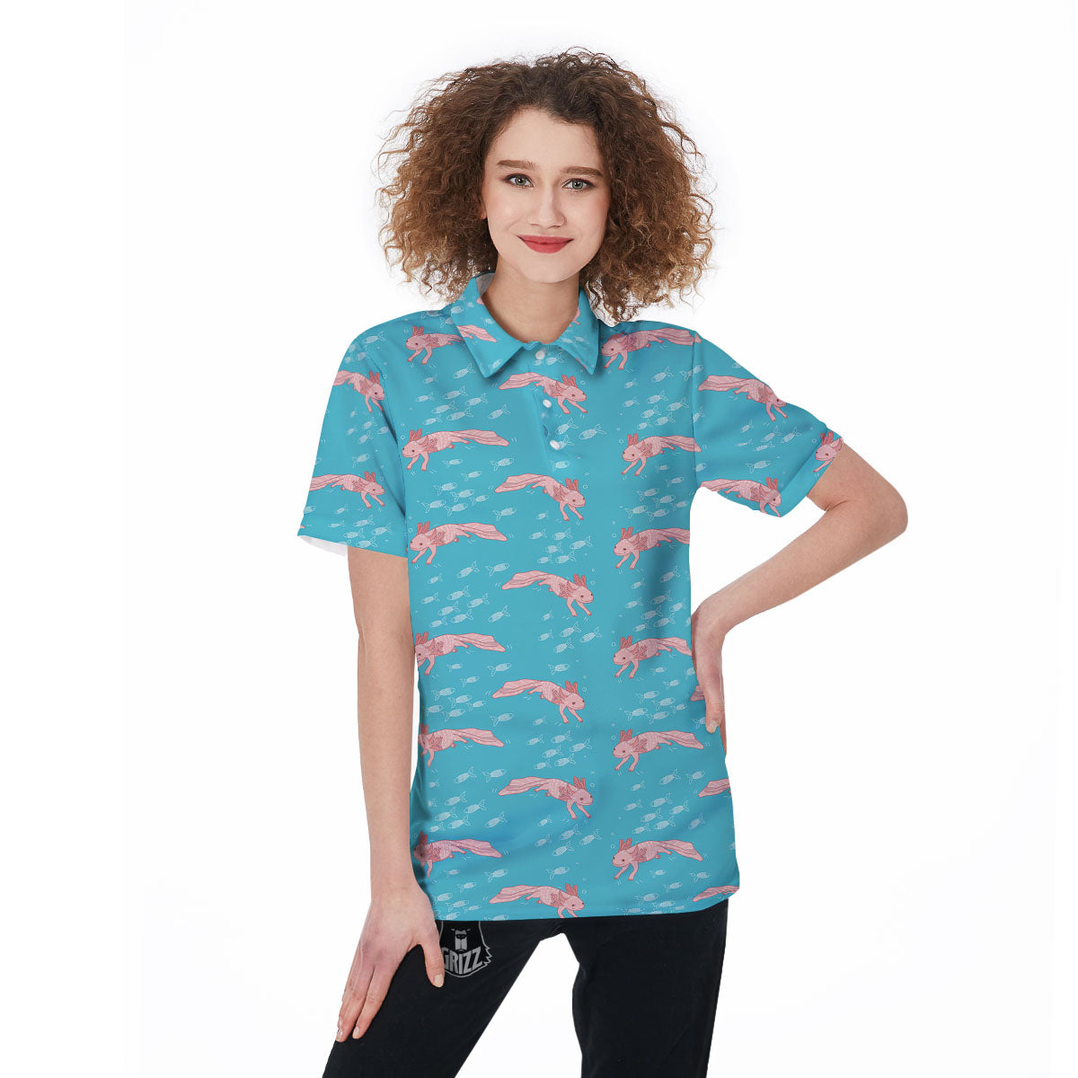 Pink Axolotl Teal Print Pattern Women's Golf Shirts-grizzshop