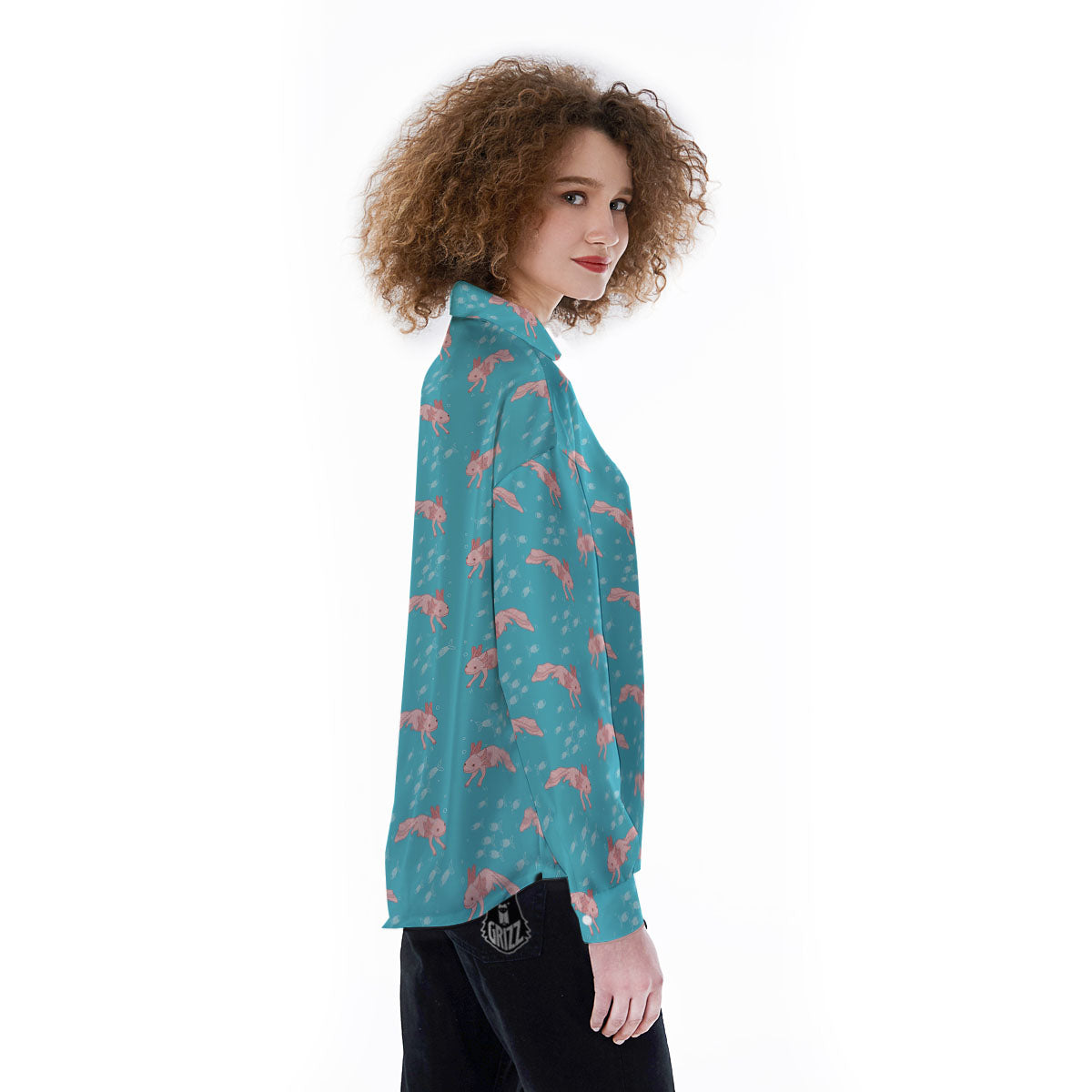 Pink Axolotl Teal Print Pattern Women's Long Sleeve Shirts-grizzshop