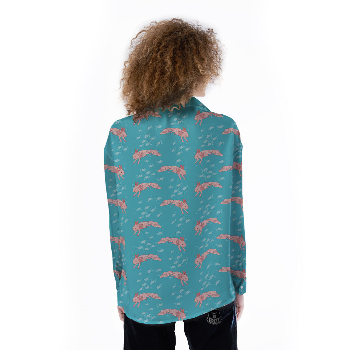 Pink Axolotl Teal Print Pattern Women's Long Sleeve Shirts-grizzshop