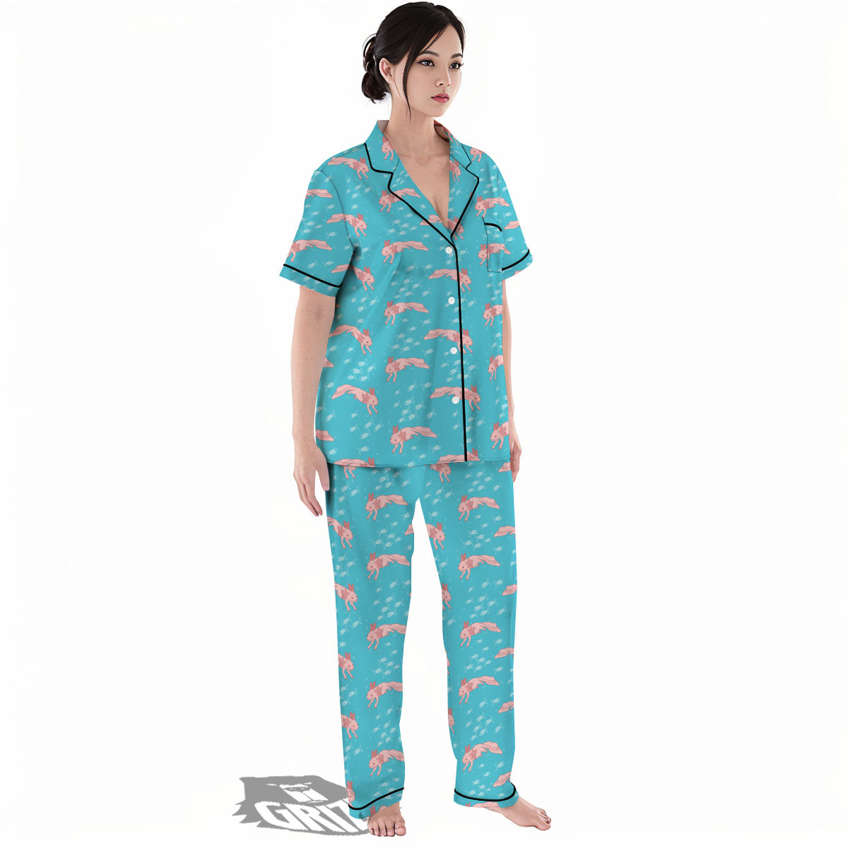 Pink Axolotl Teal Print Pattern Women's Pajamas Set-grizzshop