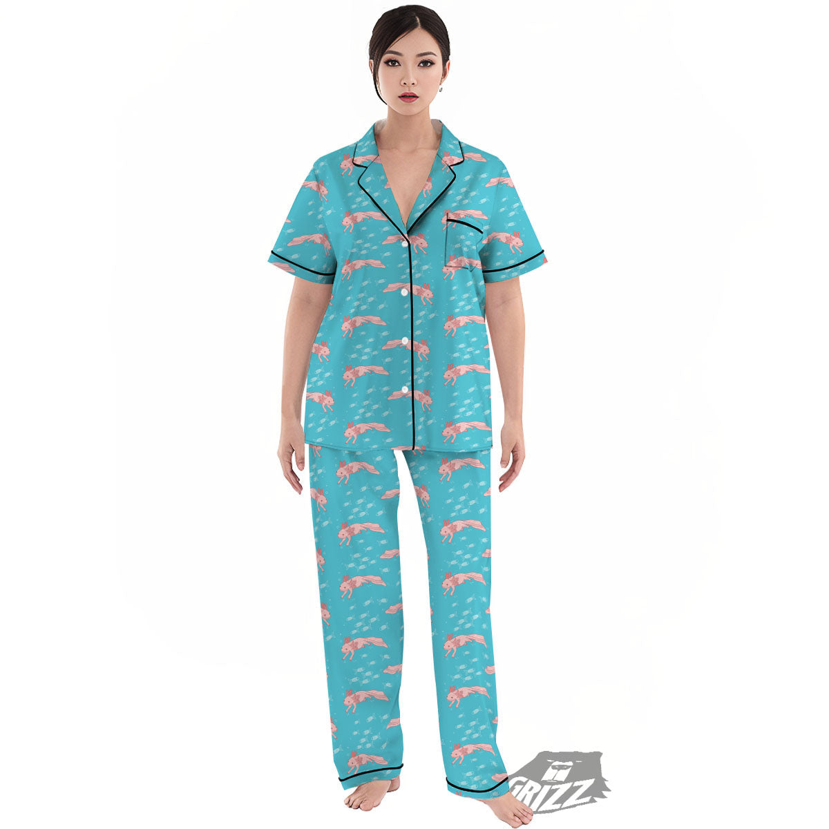 Pink Axolotl Teal Print Pattern Women's Pajamas Set-grizzshop