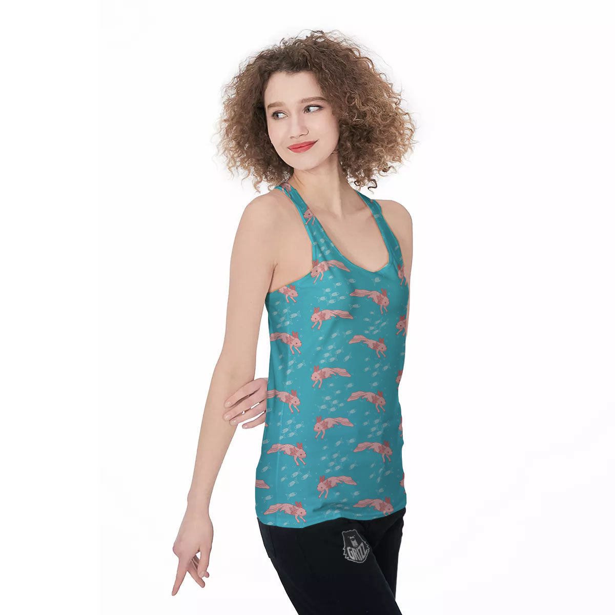 Pink Axolotl Teal Print Pattern Women's Racerback Tank Top-grizzshop