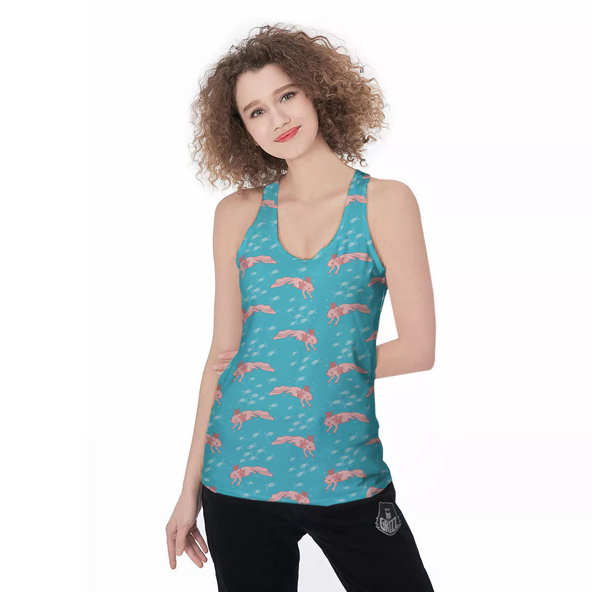 Pink Axolotl Teal Print Pattern Women's Racerback Tank Top-grizzshop