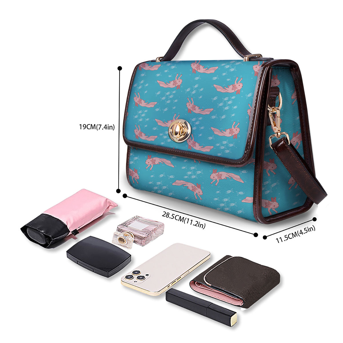 Pink Axolotl Teal Print Pattern Women's Satchel Bag-grizzshop