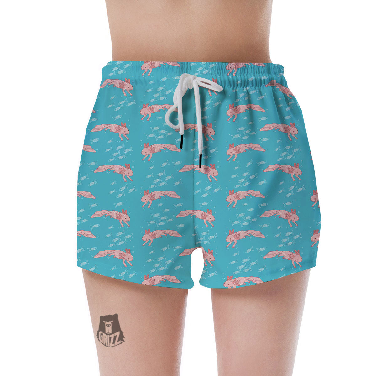 Pink Axolotl Teal Print Pattern Women's Shorts-grizzshop