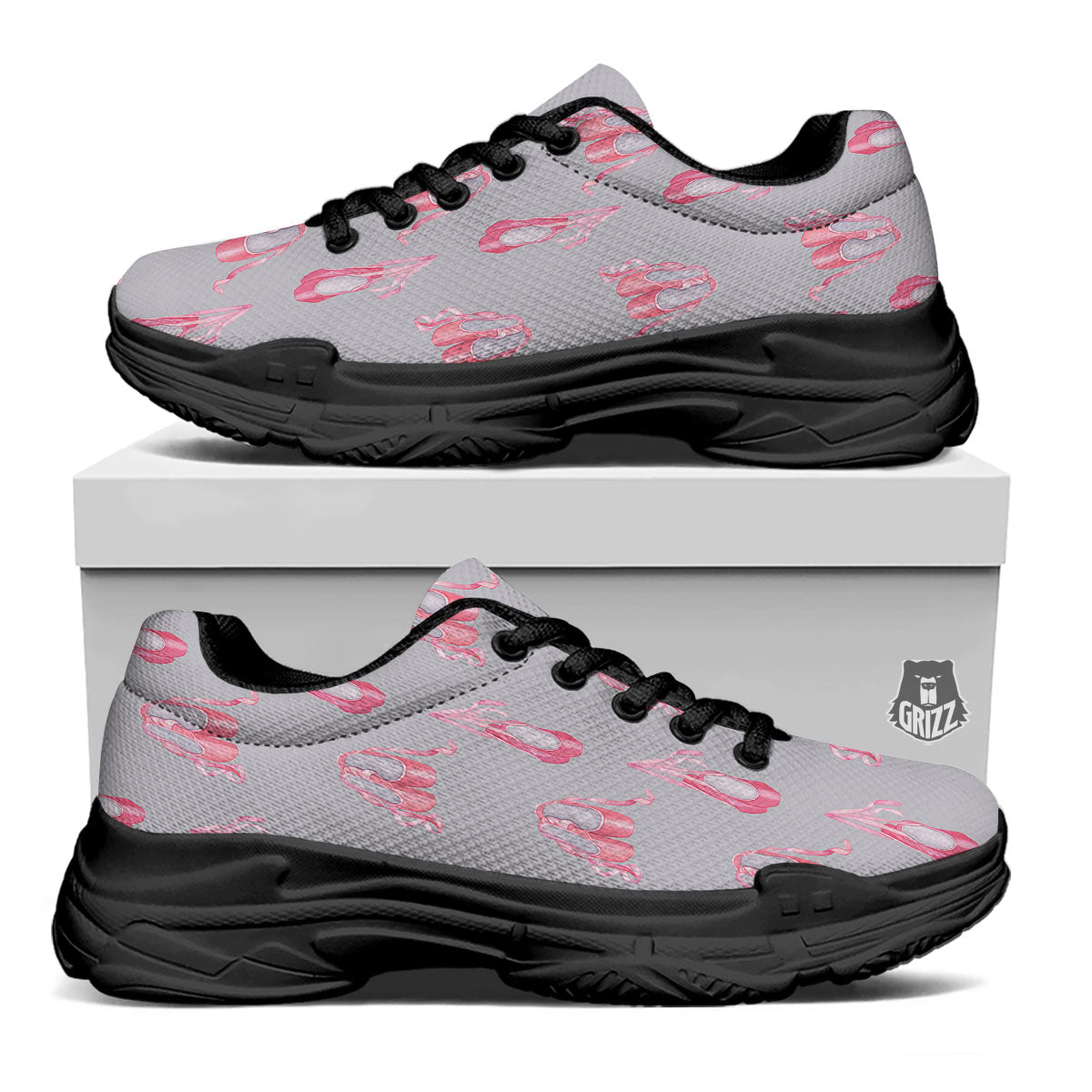 Pink Ballet Shoes Print Pattern Black Chunky Shoes-grizzshop
