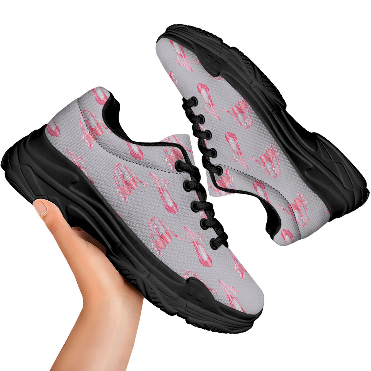 Pink Ballet Shoes Print Pattern Black Chunky Shoes-grizzshop