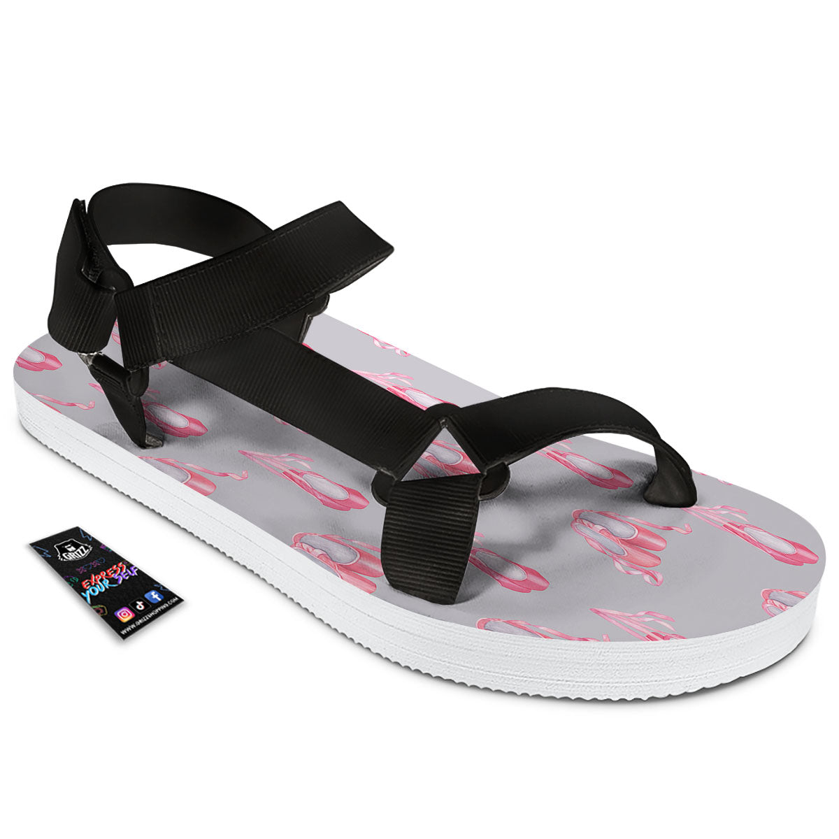 Pink Ballet Shoes Print Pattern Black Open Toe Sandals-grizzshop