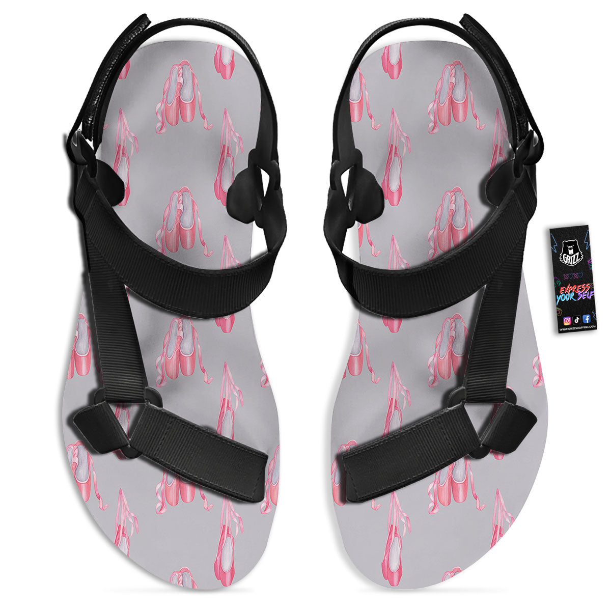 Pink Ballet Shoes Print Pattern Black Open Toe Sandals-grizzshop