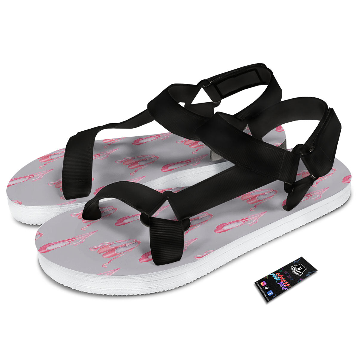 Pink Ballet Shoes Print Pattern Black Open Toe Sandals-grizzshop