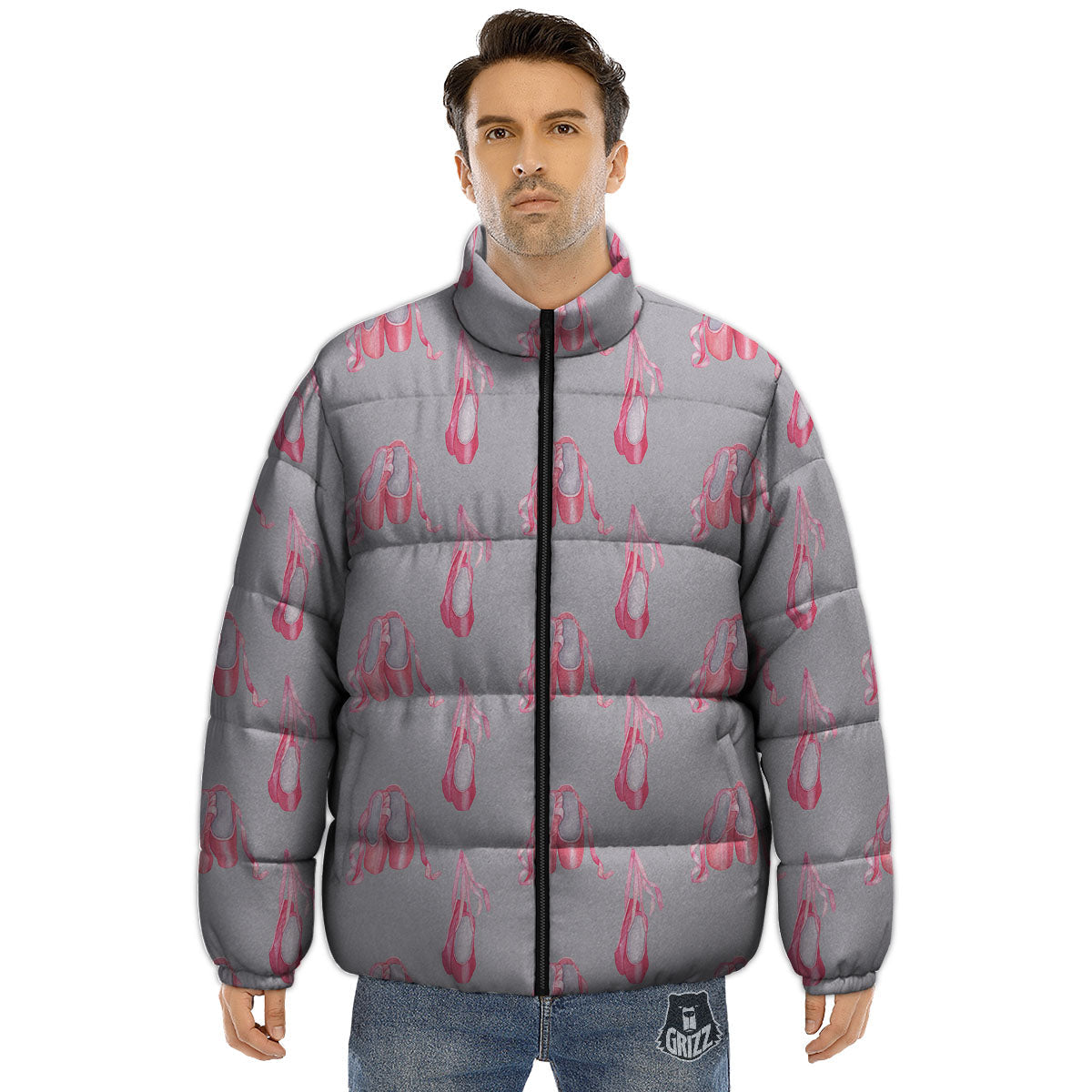 Pink Ballet Shoes Print Pattern Puffer Jacket-grizzshop