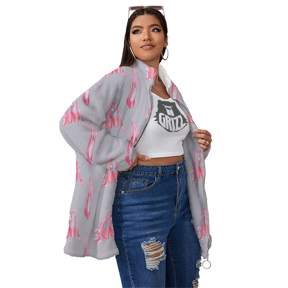 Pink Ballet Shoes Print Pattern Women's Sherpa Jacket-grizzshop
