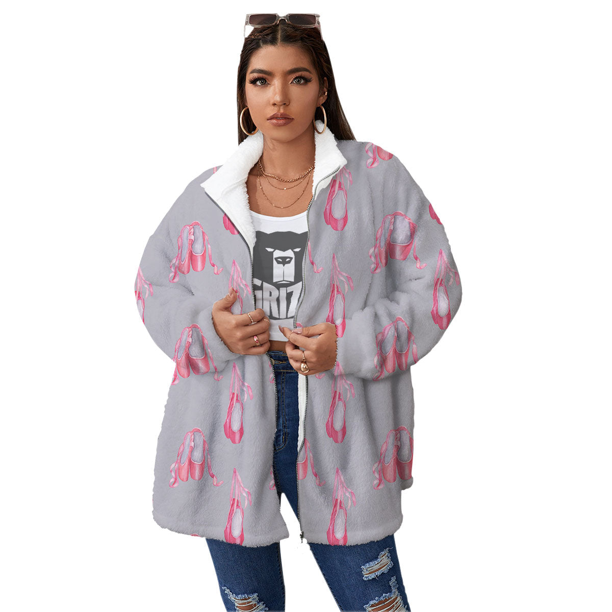 Pink Ballet Shoes Print Pattern Women's Sherpa Jacket-grizzshop