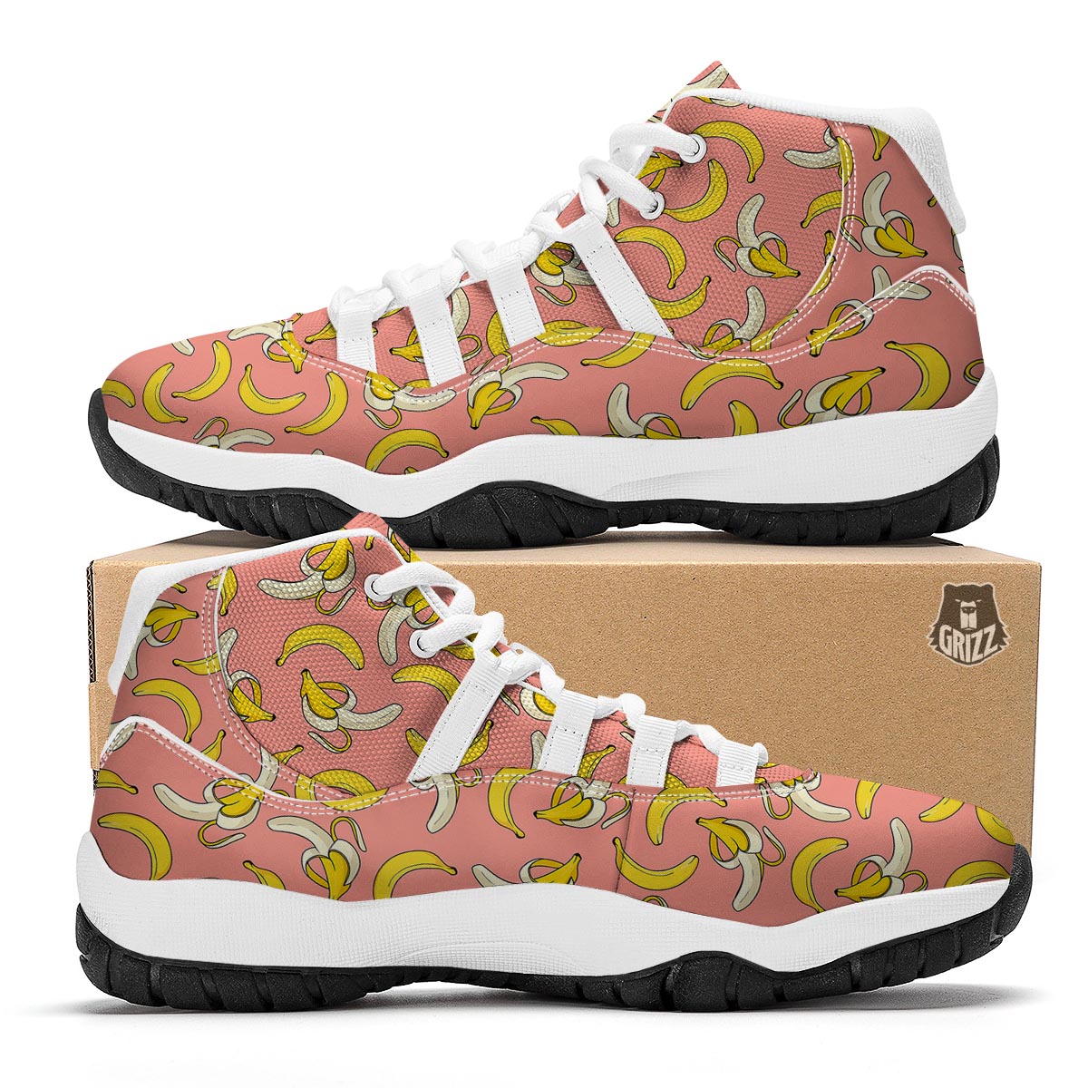 Pink Banana Pattern Print White Bball Shoes-grizzshop