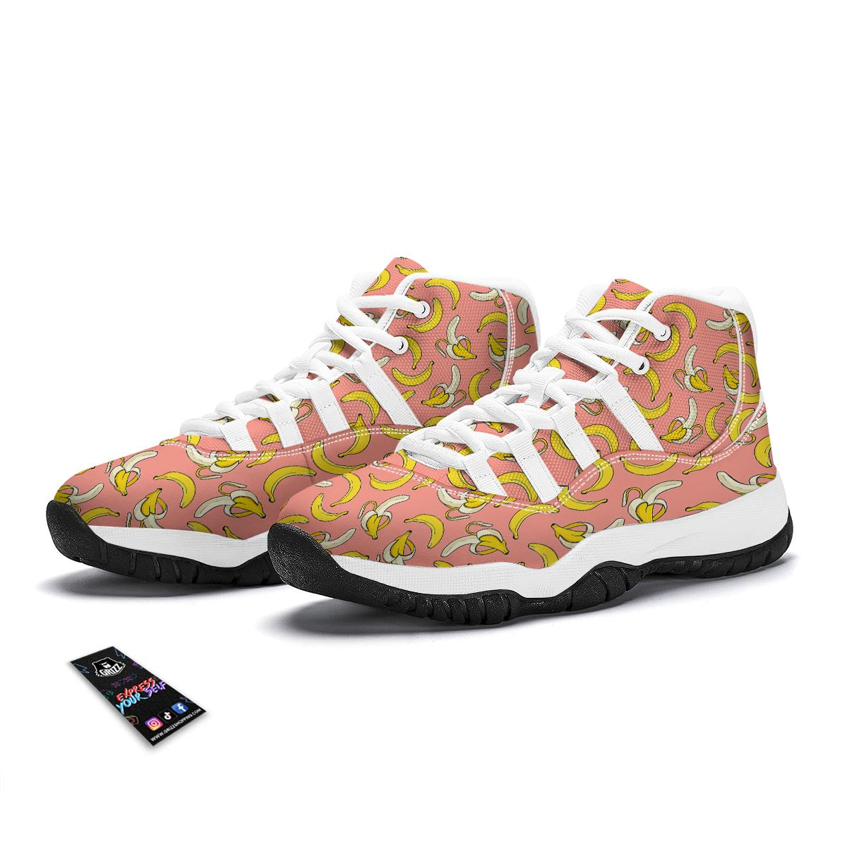 Pink Banana Pattern Print White Bball Shoes-grizzshop
