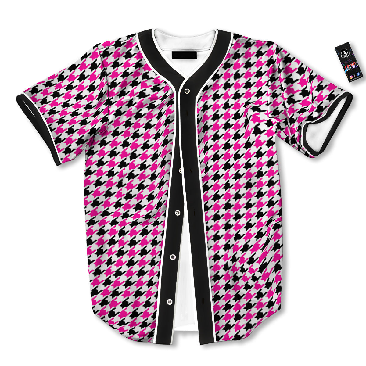 Pink Blac And White Houndstooth Print Baseball Jersey-grizzshop