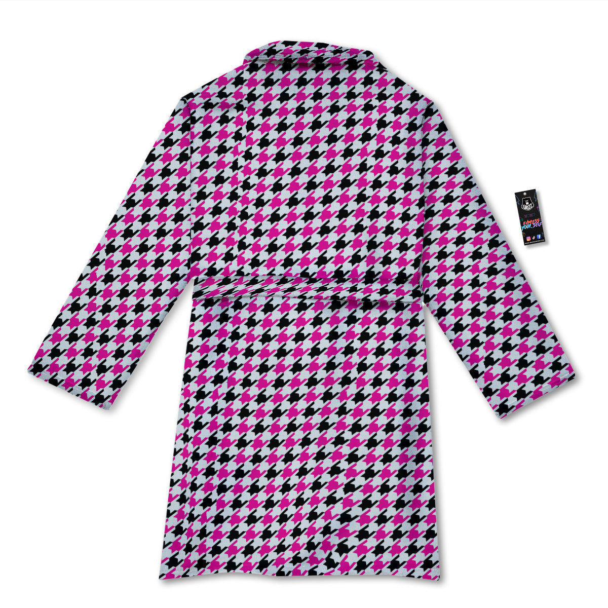 Pink Blac And White Houndstooth Print Bathrobe-grizzshop