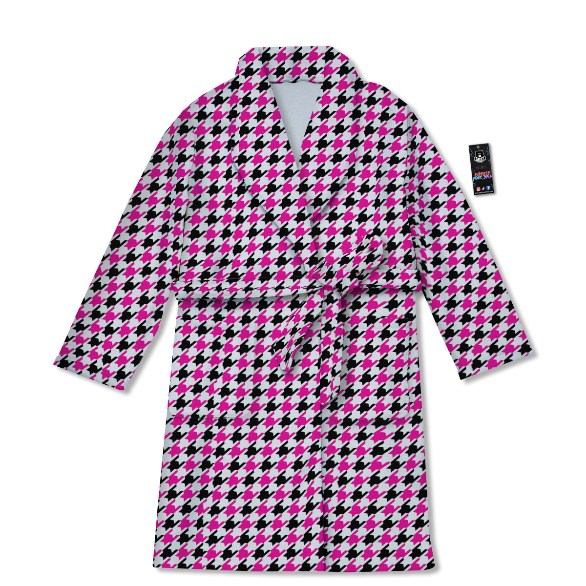 Pink Blac And White Houndstooth Print Bathrobe-grizzshop