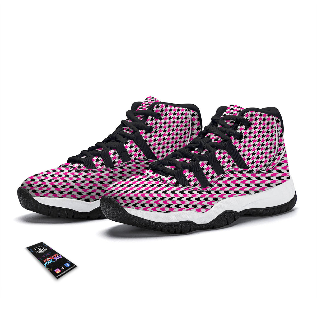Pink Blac And White Houndstooth Print Black Bball Shoes-grizzshop