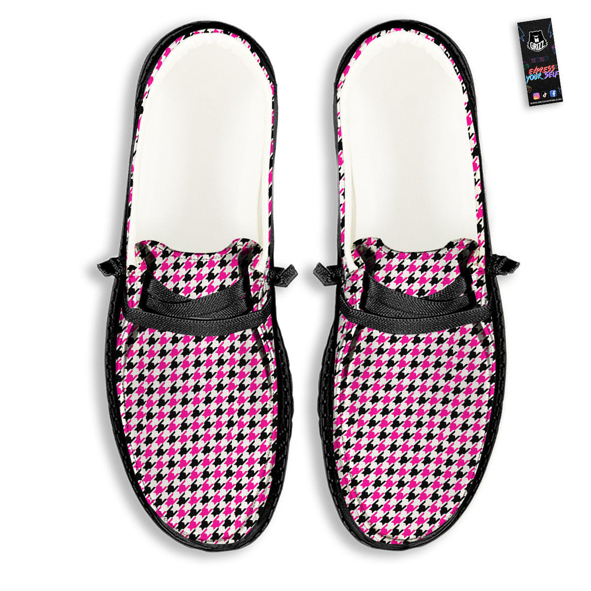 Pink Blac And White Houndstooth Print Black Loafers-grizzshop