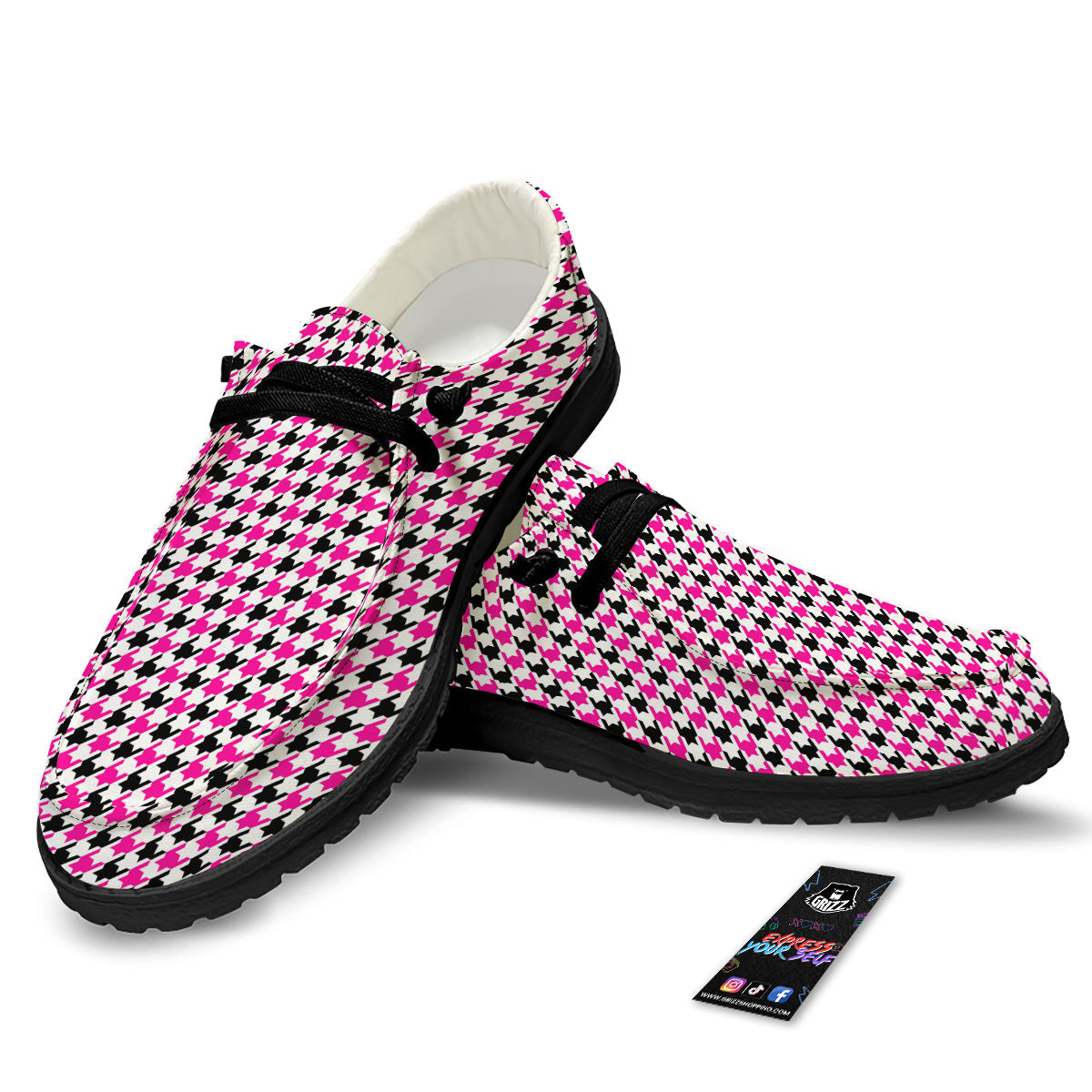 Pink Blac And White Houndstooth Print Black Loafers-grizzshop