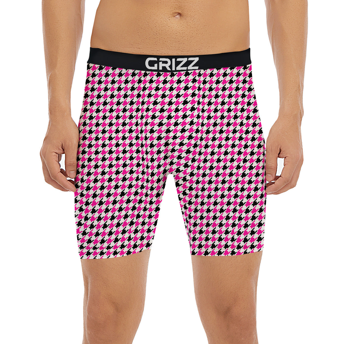 Pink Blac And White Houndstooth Print Boxer Briefs-grizzshop