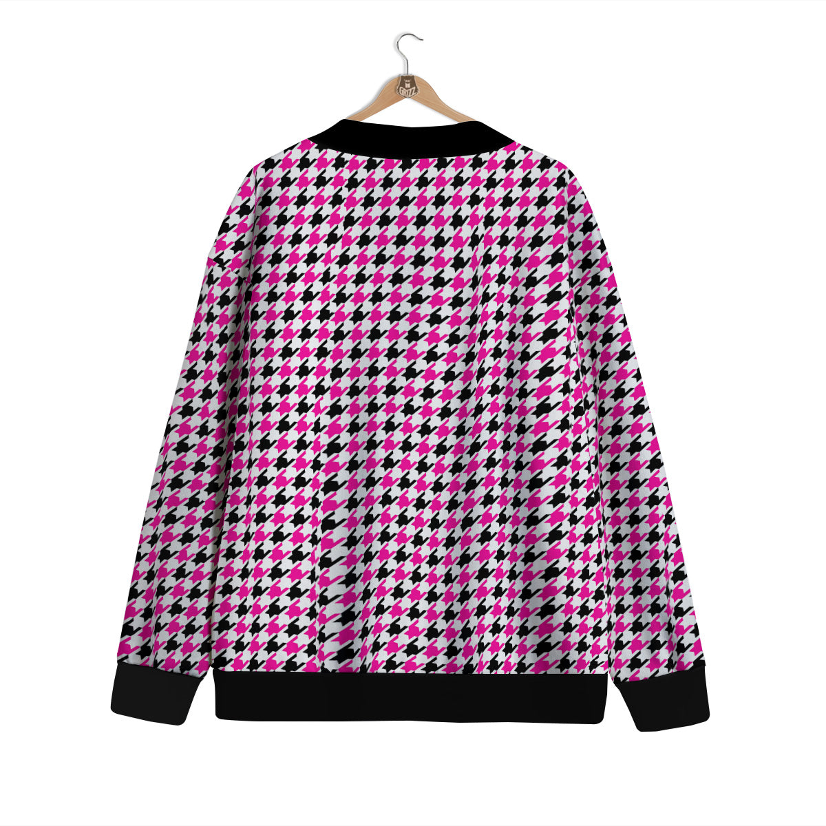 Pink Blac And White Houndstooth Print Cardigan-grizzshop