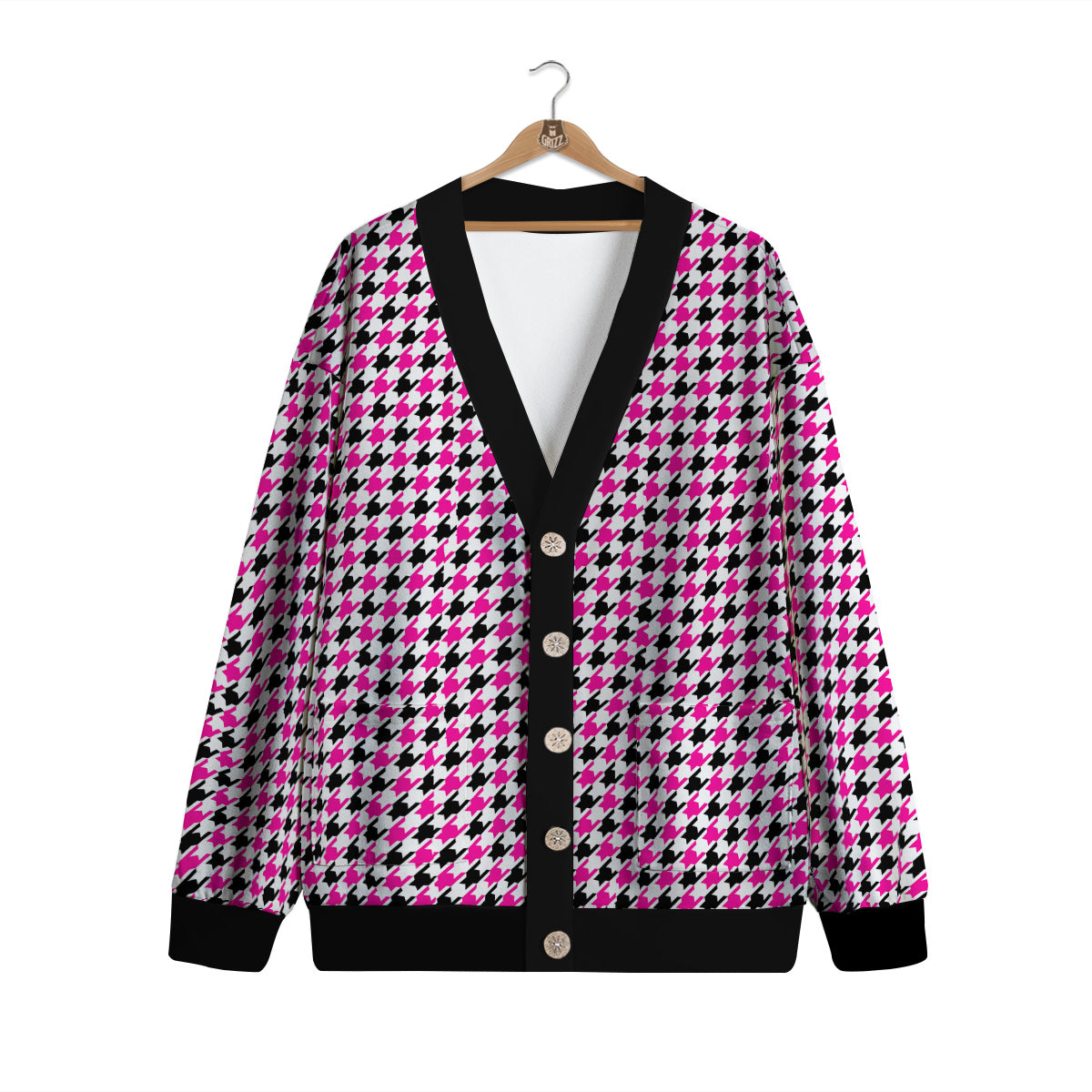 Pink Blac And White Houndstooth Print Cardigan-grizzshop