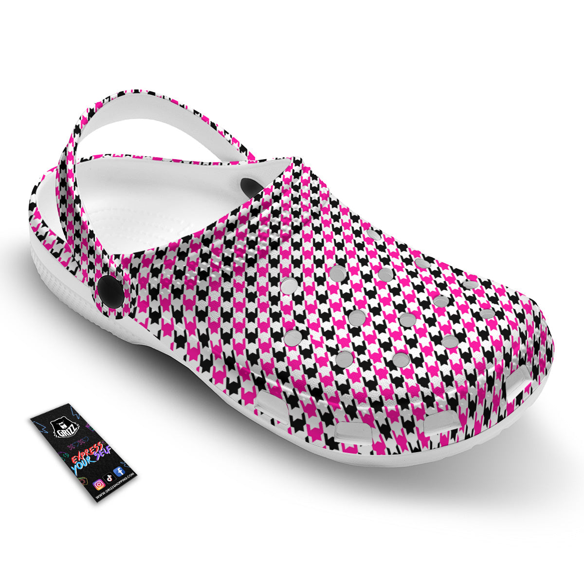 Pink Blac And White Houndstooth Print Clog-grizzshop