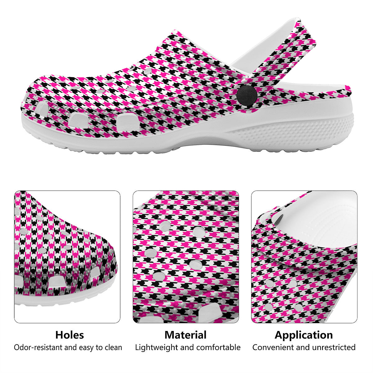 Pink Blac And White Houndstooth Print Clog-grizzshop