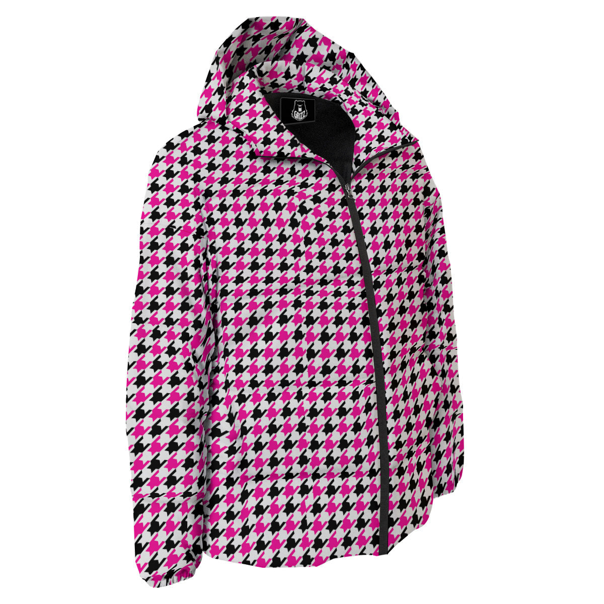 Pink Blac And White Houndstooth Print Down Jacket-grizzshop