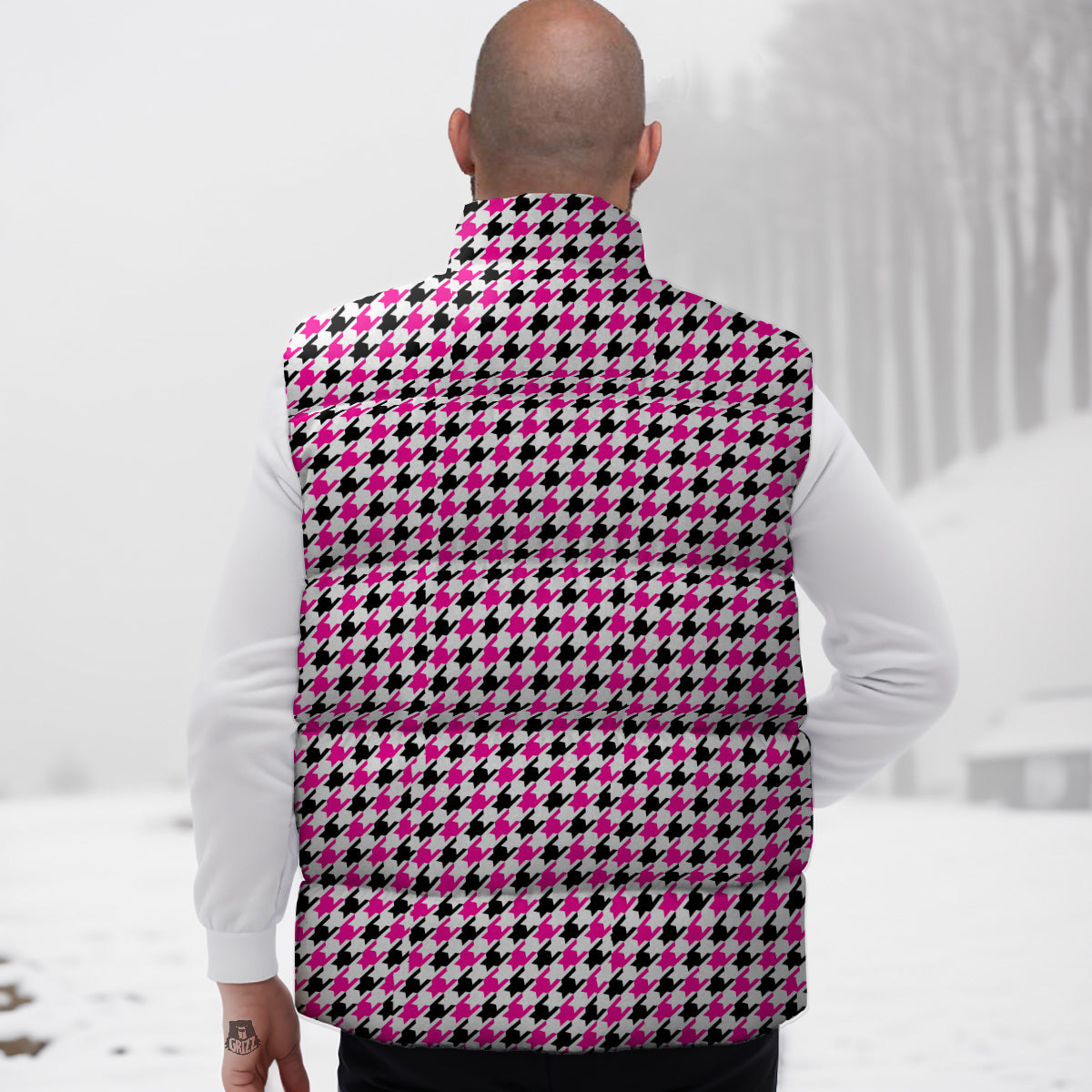 Pink Blac And White Houndstooth Print Down Vest