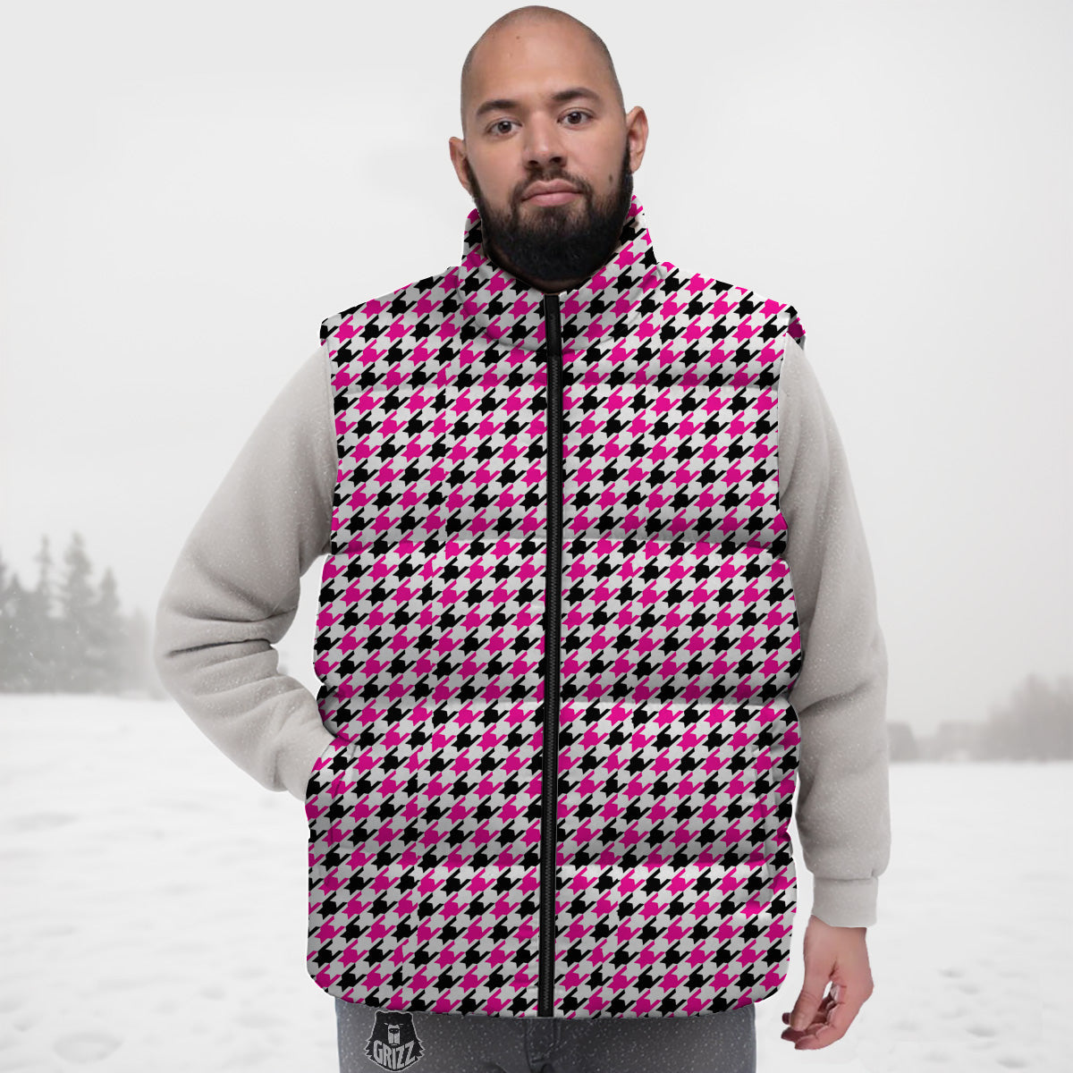 Pink Blac And White Houndstooth Print Down Vest