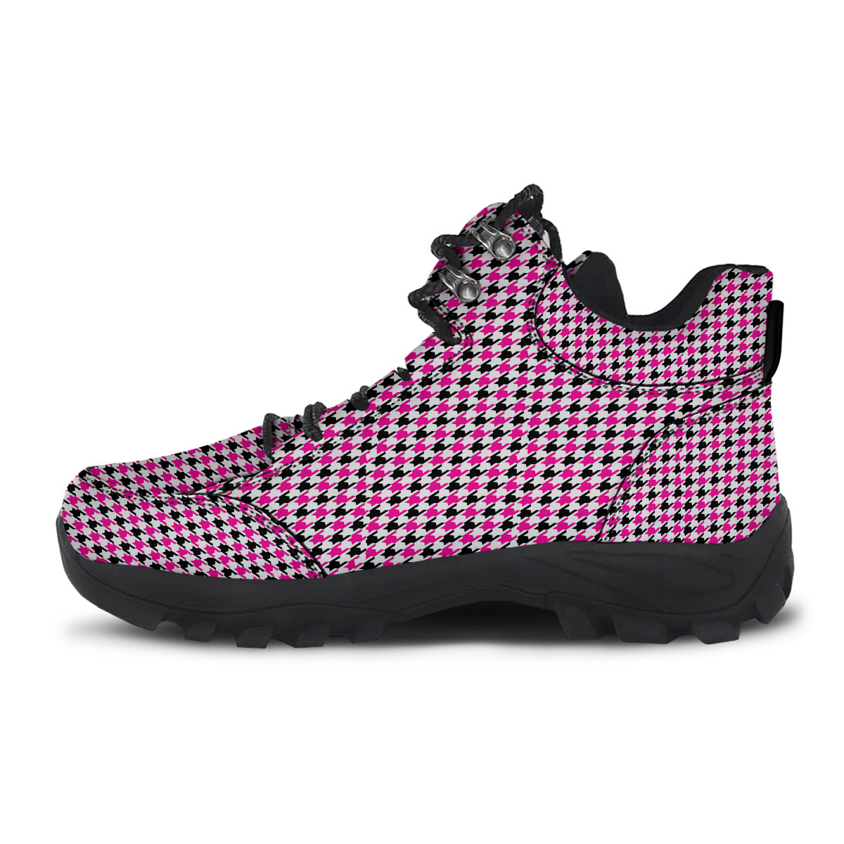 Pink Blac And White Houndstooth Print Hiking Shoes-grizzshop