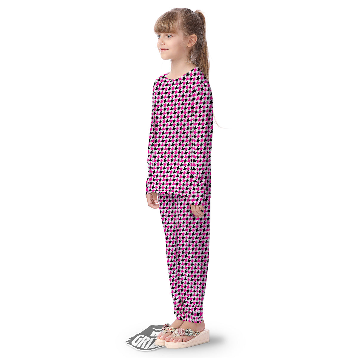 Pink Blac And White Houndstooth Print Kid's Pajamas-grizzshop