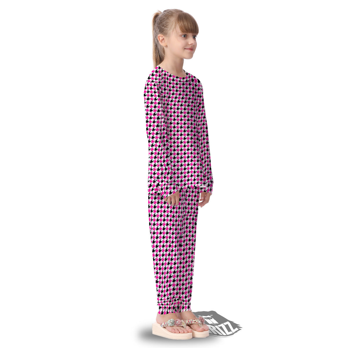 Pink Blac And White Houndstooth Print Kid's Pajamas-grizzshop