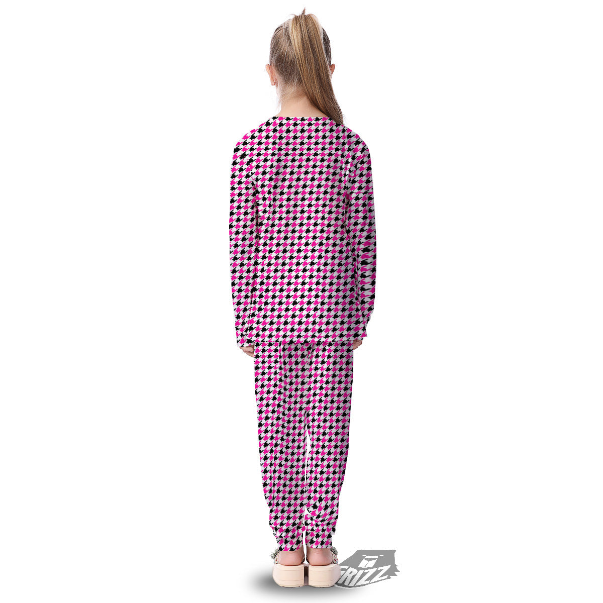 Pink Blac And White Houndstooth Print Kid's Pajamas-grizzshop