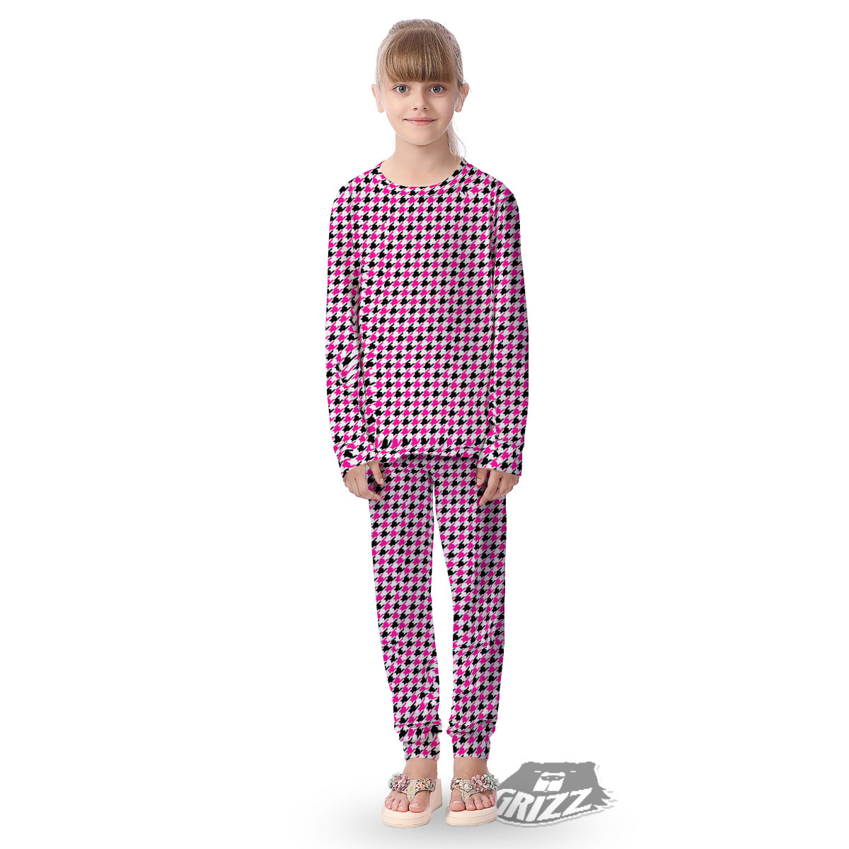 Pink Blac And White Houndstooth Print Kid's Pajamas-grizzshop