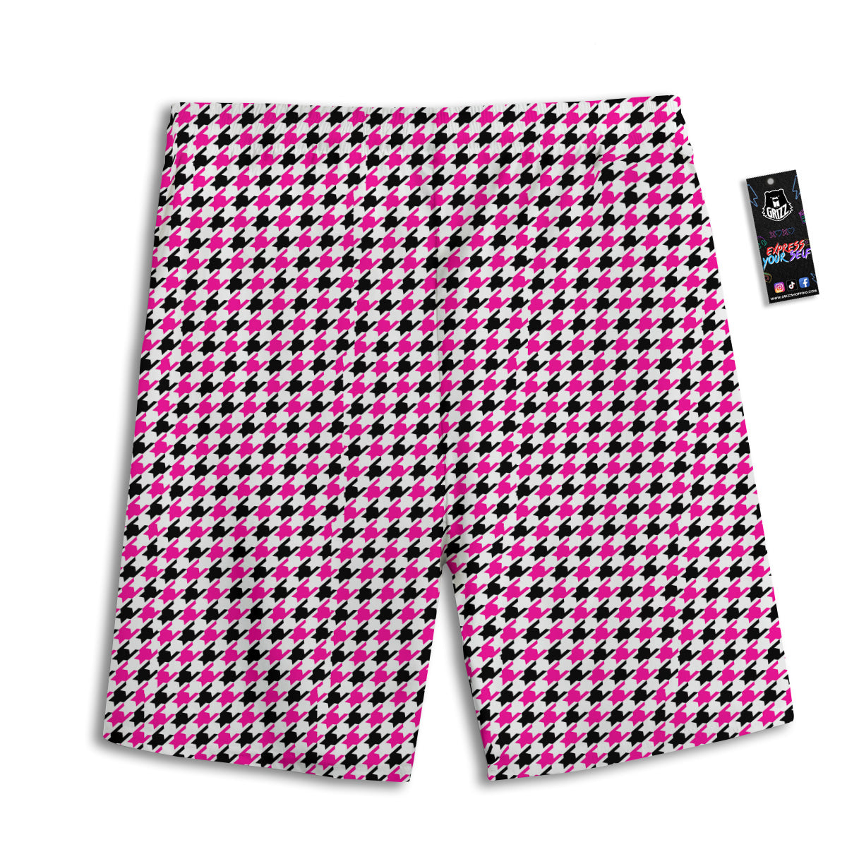 Pink Blac And White Houndstooth Print Men's Athletic Shorts