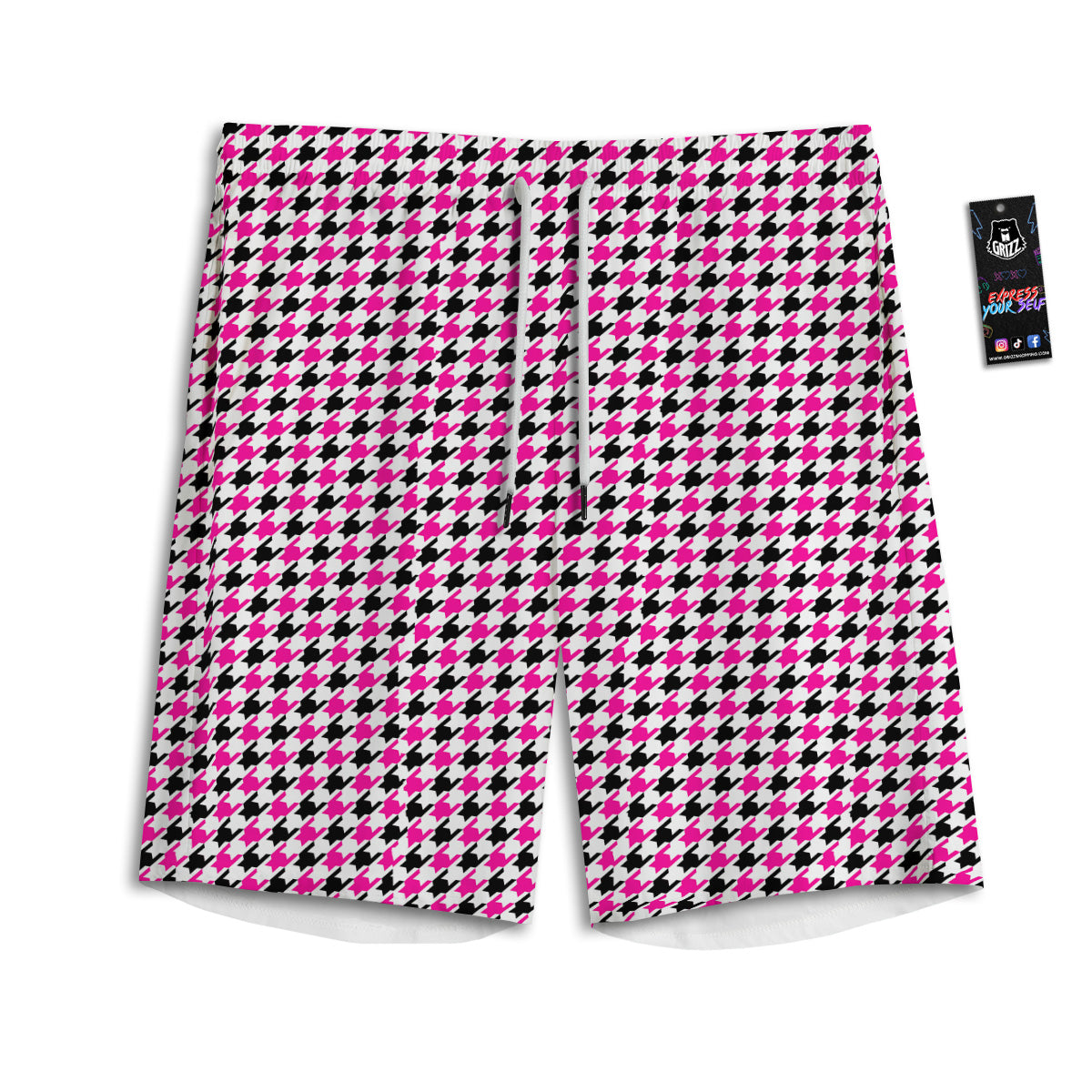 Pink Blac And White Houndstooth Print Men's Athletic Shorts