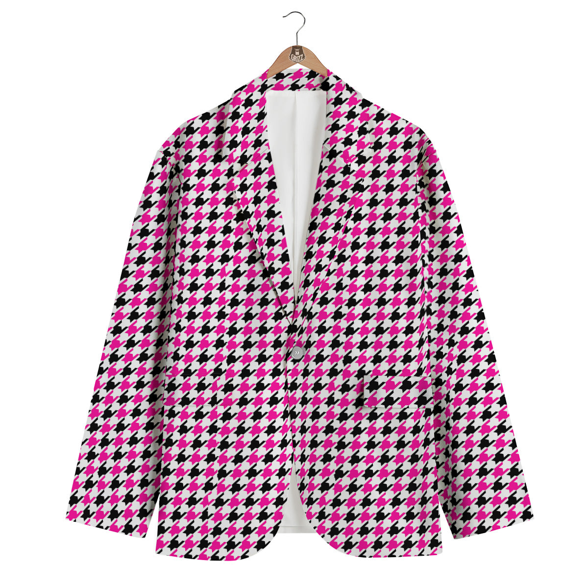 Pink Blac And White Houndstooth Print Men's Blazer-grizzshop