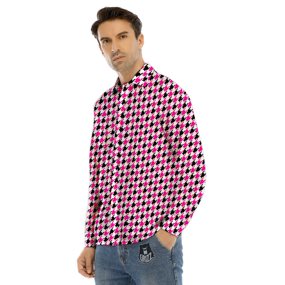 Pink Blac And White Houndstooth Print Men's Dress Shirts-grizzshop