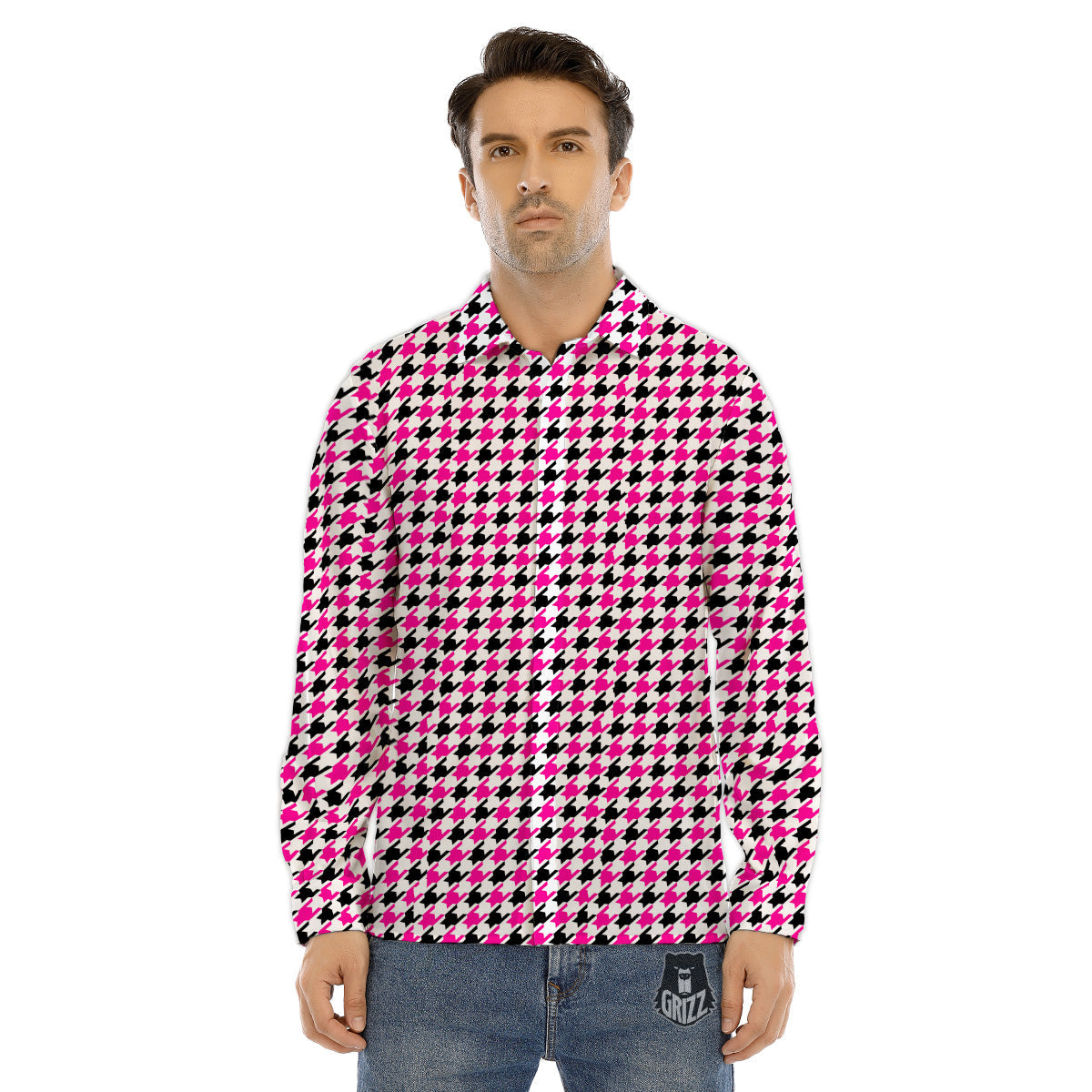 Pink Blac And White Houndstooth Print Men's Dress Shirts-grizzshop